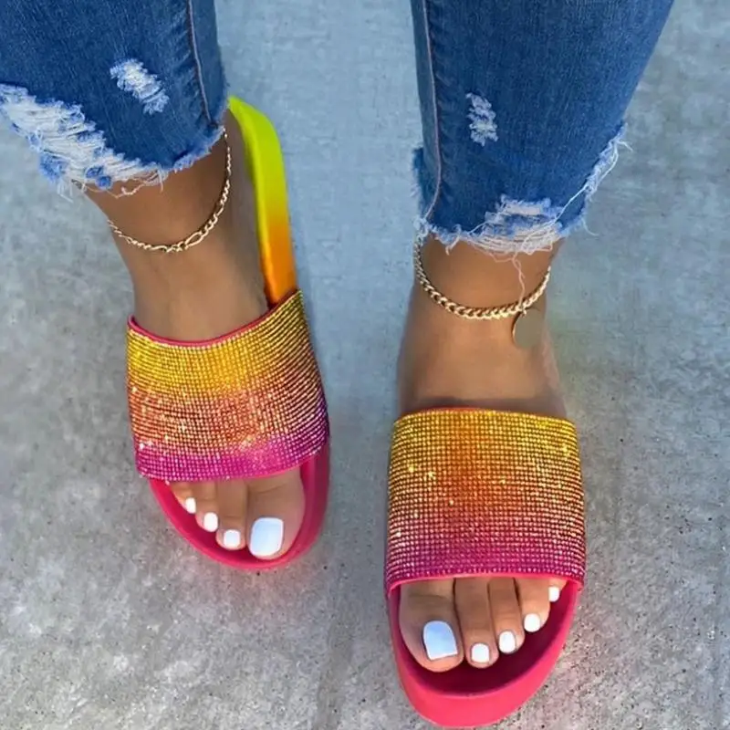 

Rhinestone Women Slippers Flip Flops Summer Slides Women Shoes Crystal Diamond Bling Beach Slides Sandals Casual Shoes Slip On, As picture