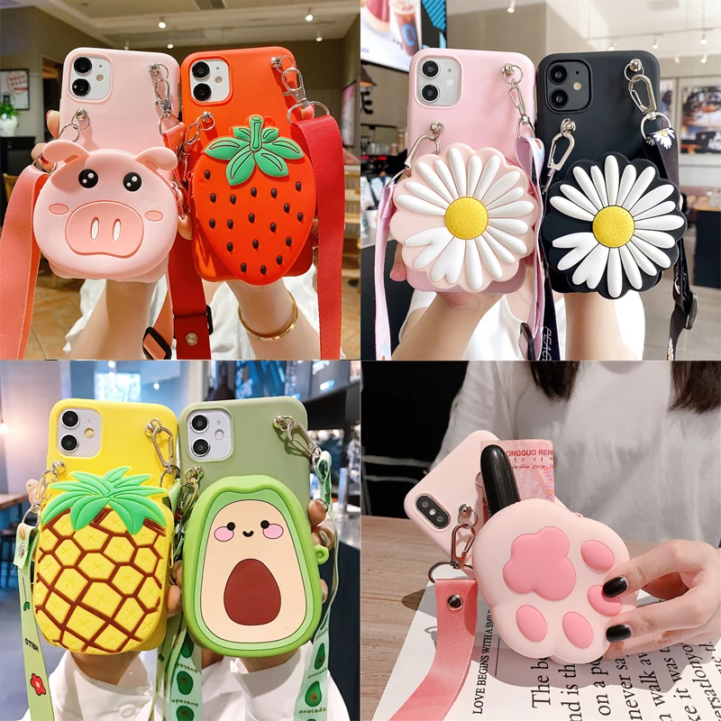 

Cute Soft Animals Wallet Case For iPhone Samsung Huawei Xiaomi Nokia Moto LG OPPO VIVO Realme Oneplus Cover With Lanyard