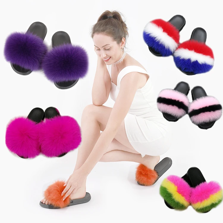 

2020 Handmade fashion soft real fox fur slippers women sliders, As picture show