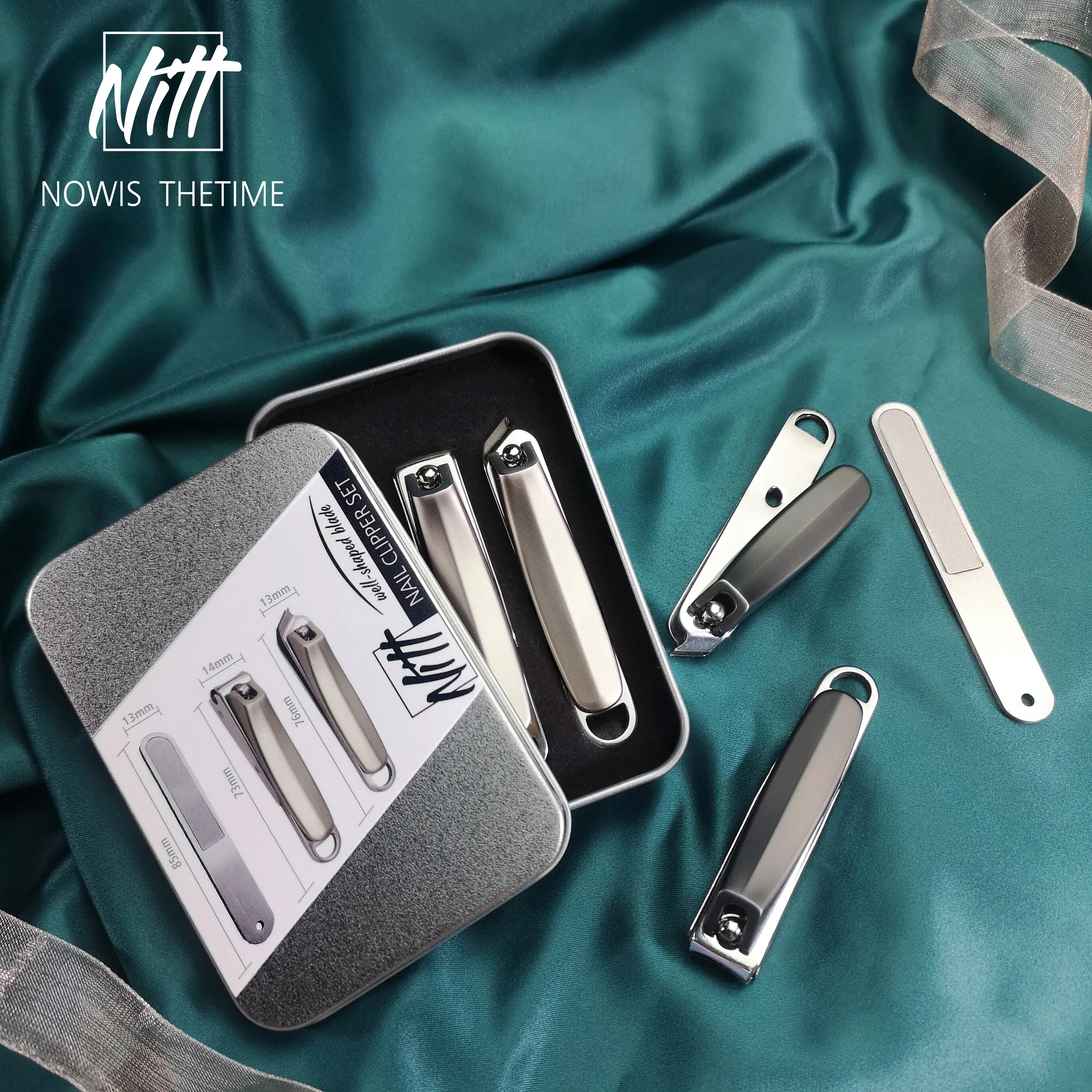 

3 in 1 Grey Black Gold Champagne Stainless Steel Manicure Nail Clipper Cutter Set with Box and Package, Glossy light champagne / matte metallic grey