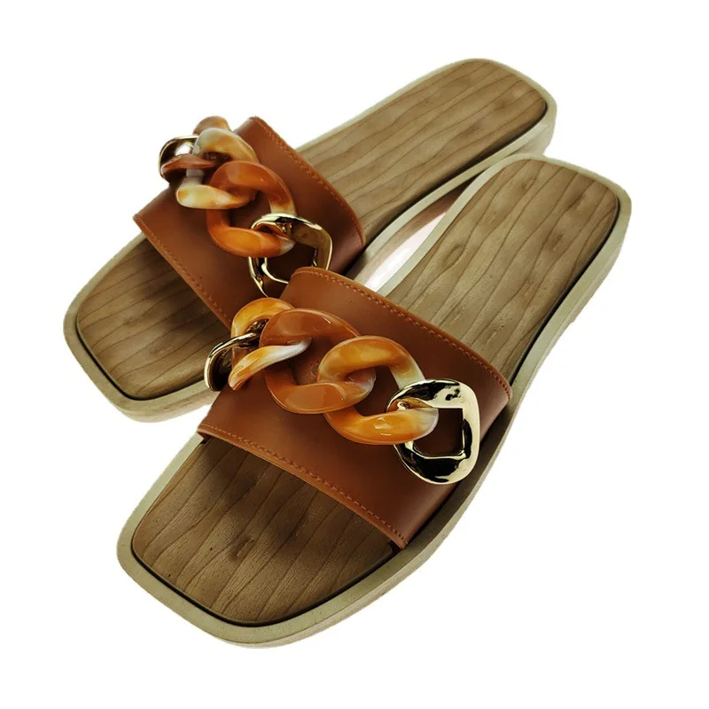 

2021 summer flat sandals for women soft bottom latest cheap ladies sandals chain designer brand gold chain sandals, Black