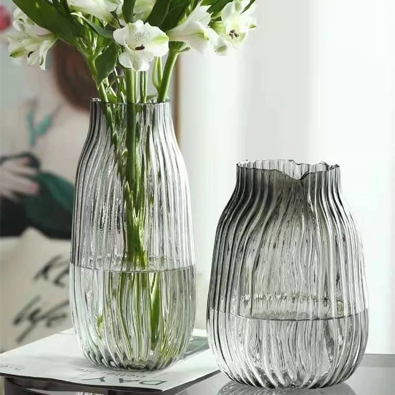 

European Creative Vases Wave Gray Transparent Thicken Glass water lily rich bamboo vase home living room flower Bottles