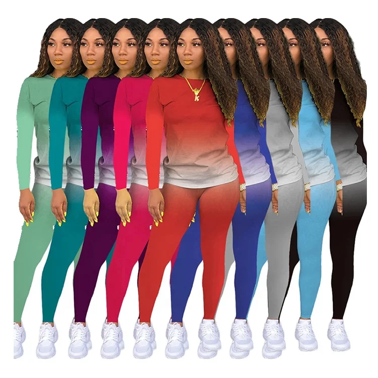 

Fall Casual Gradient Tops Trouser Plus Size Jogging Suit Women Long Sleeve Two Piece Set, Multiple colors to choose