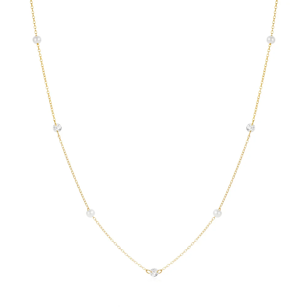 Fashion Jewelry Necklace 925 Sterling Silver Zircon Charm Necklace Round Pearl Gold Plated Necklace Women