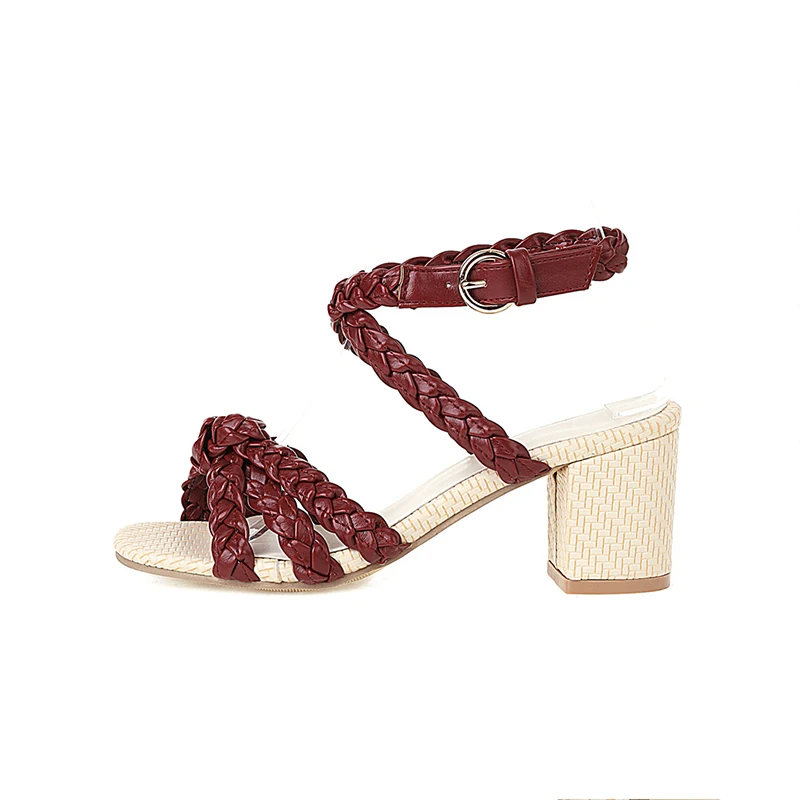 

New Roman Style Beach Straw Shoes Cross Strap Hemp Braided Thick Heels Sandals, Black/white/red