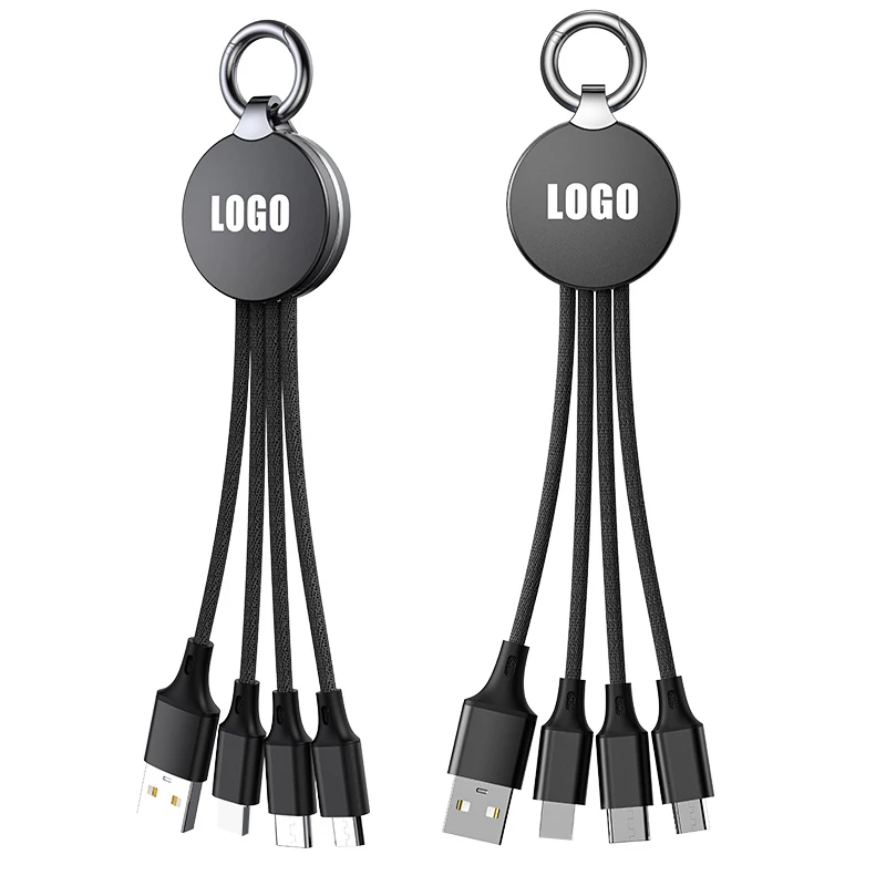 

High quality LED lighting logo 3 in 1 keychain cable mobile phone charging custom cable, Black, red