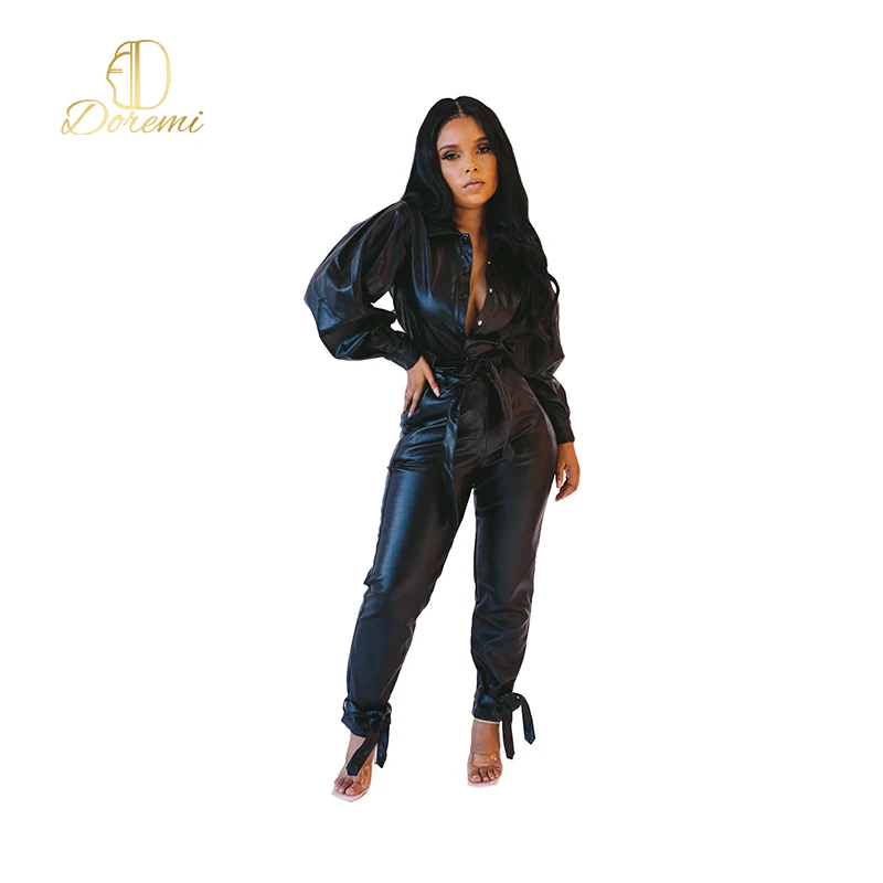 

High end women's fashion sexy jumpsuits PU waistband lucky label women s one piece outfits leather jumpsuit