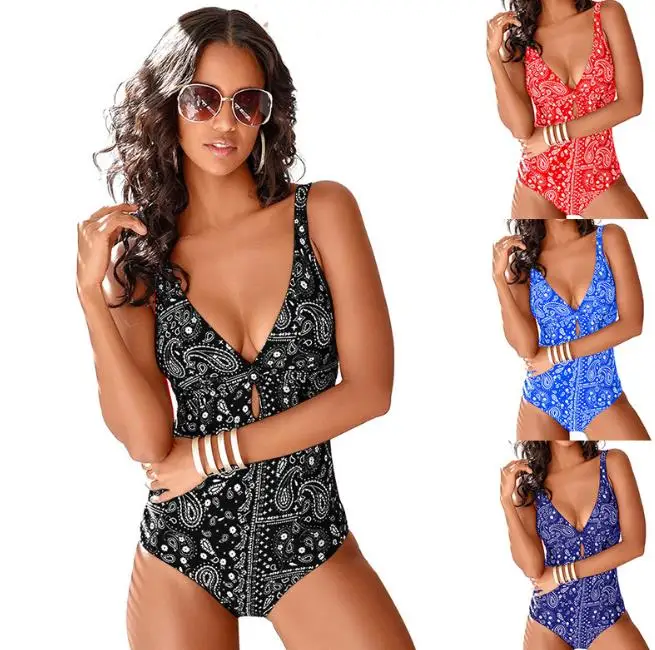 

paisley printed swimwear women summer one piece swimsuits v-neck backless bathing suits fashion bikinis clothing