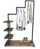 Industrial Pipe Clothing Rack Pine Wood Shelving Wooden Shoes Rack Cloth Hanger Pipe Shelf 4 Layer