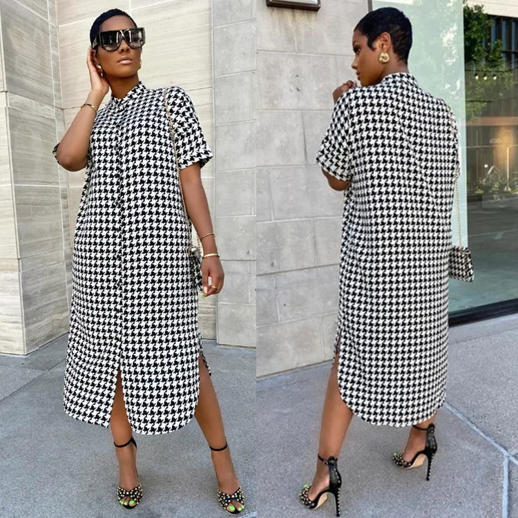 

2021 women's summer new Plaid Shirt dress Short Sleeve Shirt Dress, Picture color