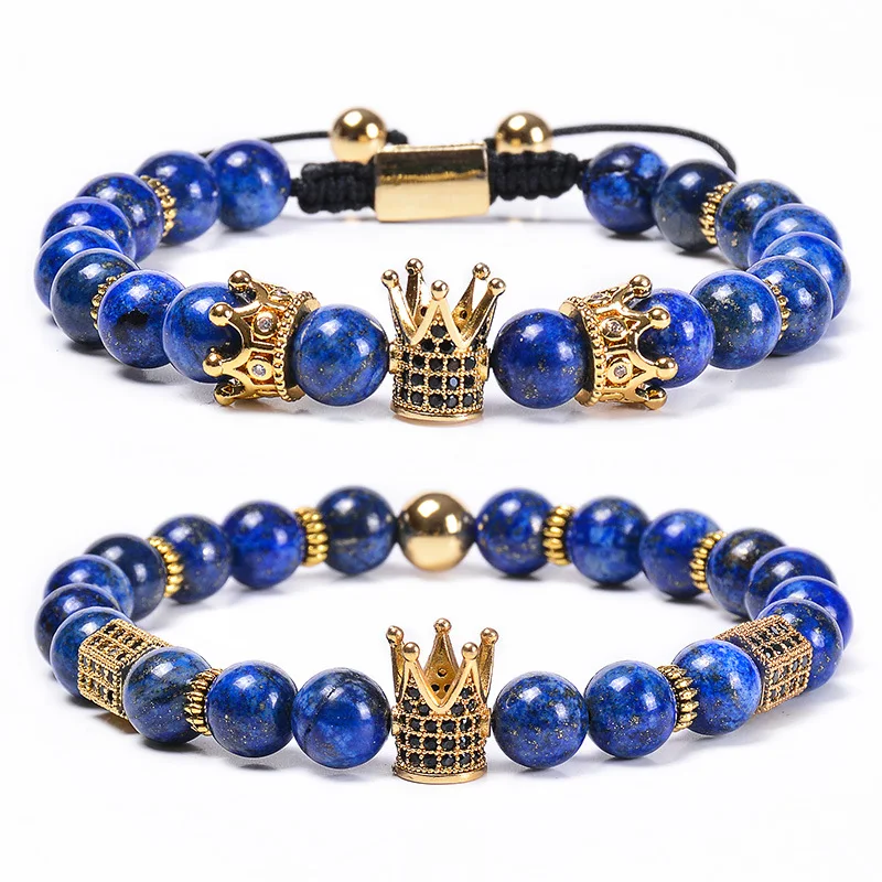 

2020 March Expo 2Pcs/Set Natural 8mm Lapis Lazuli Zircon Crown Charm Bracelet Adjustable Lapis Lazuli CZ Crown Macrame Bracelet