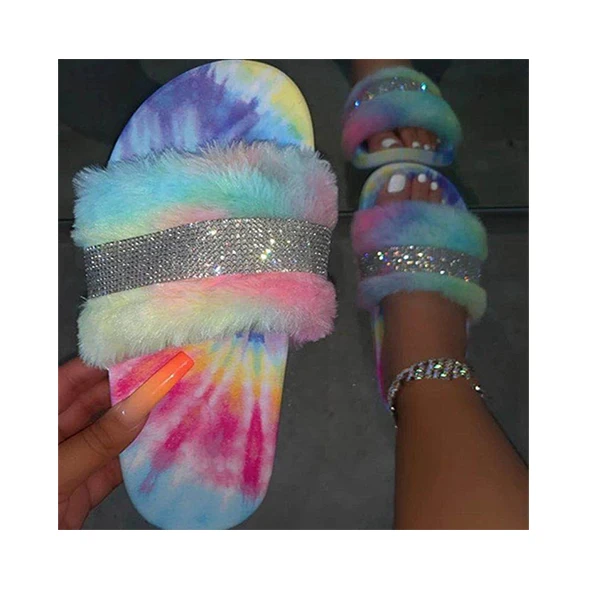 

Fashion Faux Fur Lady Shoes Gliter Diamond Slides Rhinestone Plush Thick Sole Bling Slippers Outdoor Women Sandal