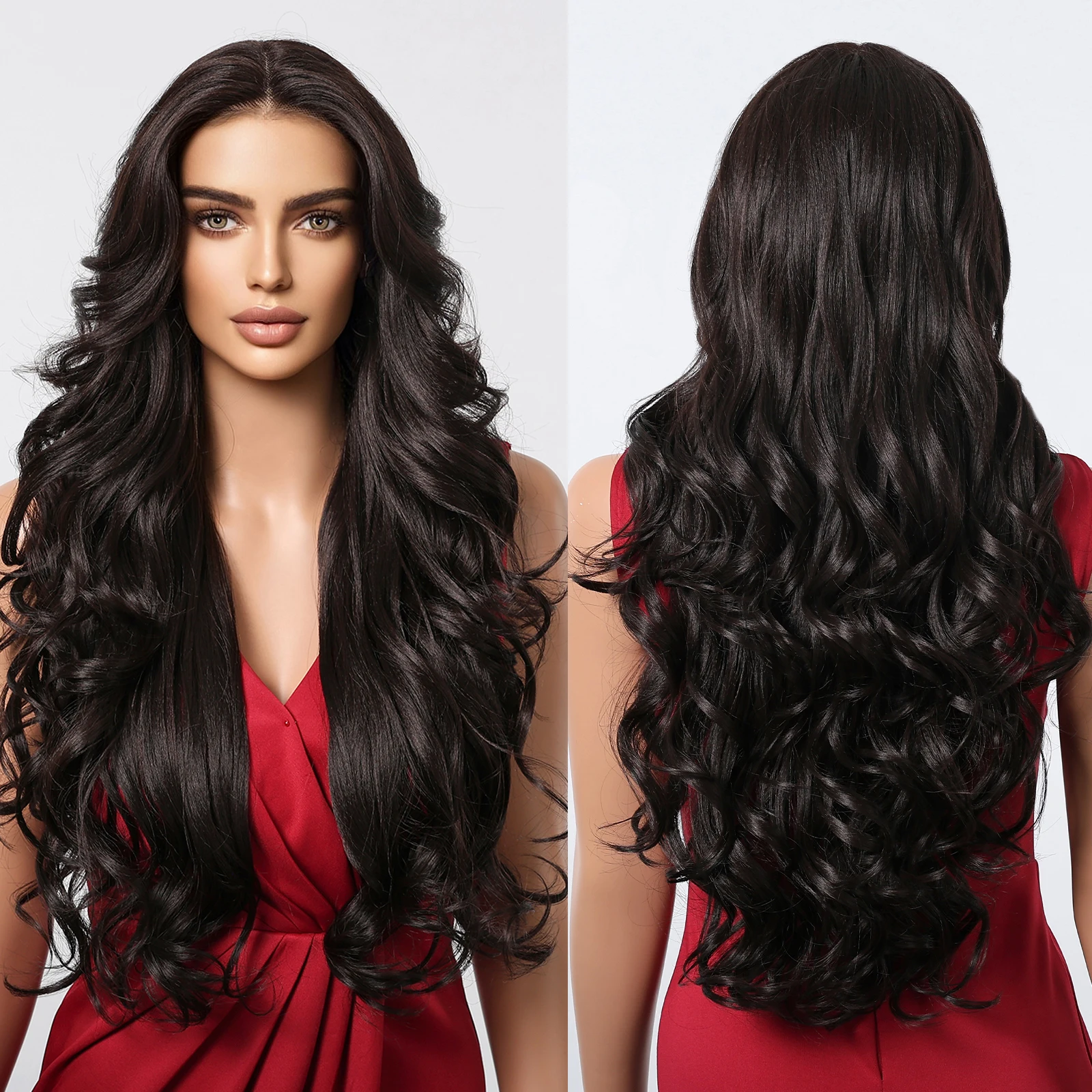 13*6 Large Area Lace Wig Synthetic Future Fiber Long Natural Layered Soft Wave Wig Color Mixing High Density Black Dark Brown