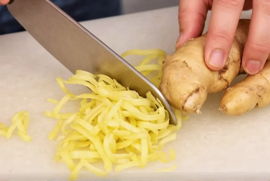 Close-up of fresh ginger root being minced with a sharp chef's knife on wooden cutting board