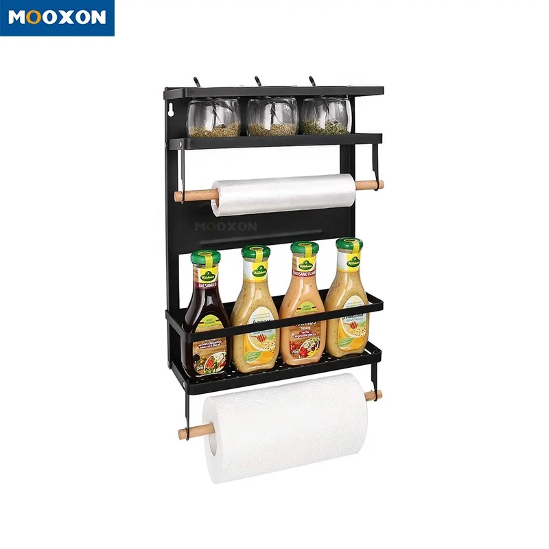 

Wall Mounted 2 Layer Organizer Kitchen Hanging Folding Metal Foldable Shelf Refrigerator Folding Magnetic Spice Storage Rack, Black/white
