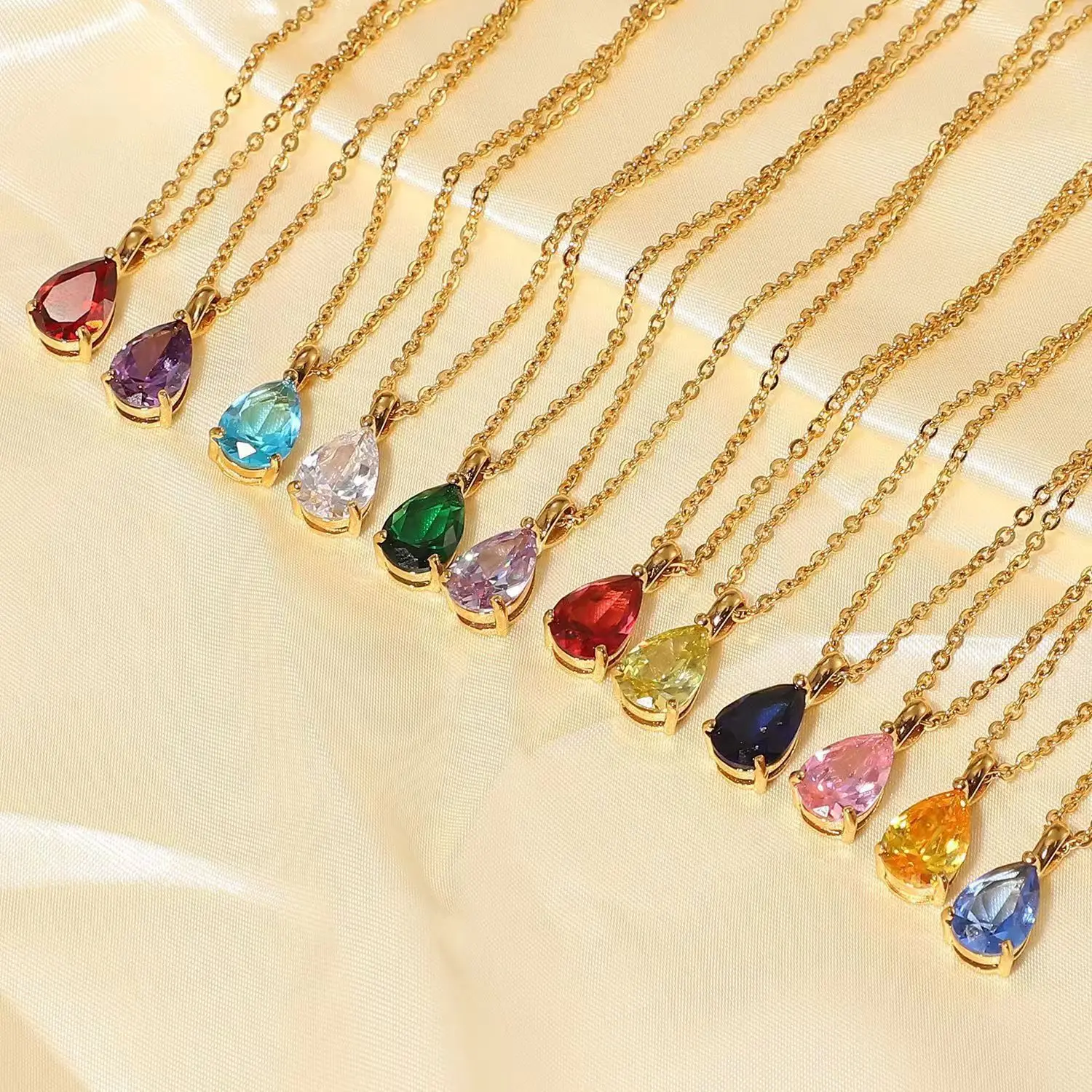 

Fashion Colorful Teardrop Zircon Pendent Jewelry 18k Gold Plated Stainless Steel 12 Month Water Drop Crystal Birthstone Necklace