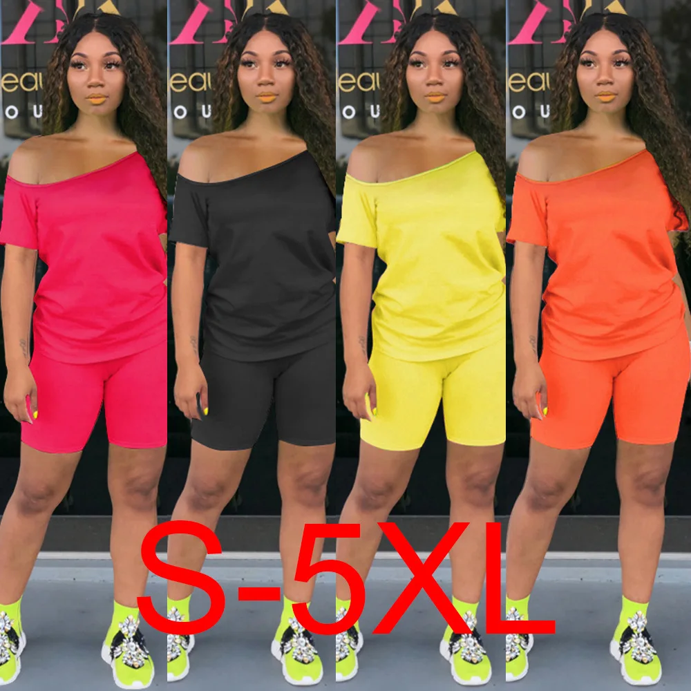 

S-5XL Trending Products 2021 New Arrivals Cotton Two Piece Short Set Off Shoulder Summer Lounge Wear Plus Size Two Piece Sets, Yellow, red, black, orange