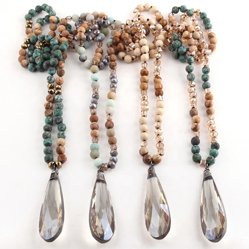 Women pic jasper Long Crystal Glass Beads Necklace Natural Gemstone Amazonite African Turquoise Necklace