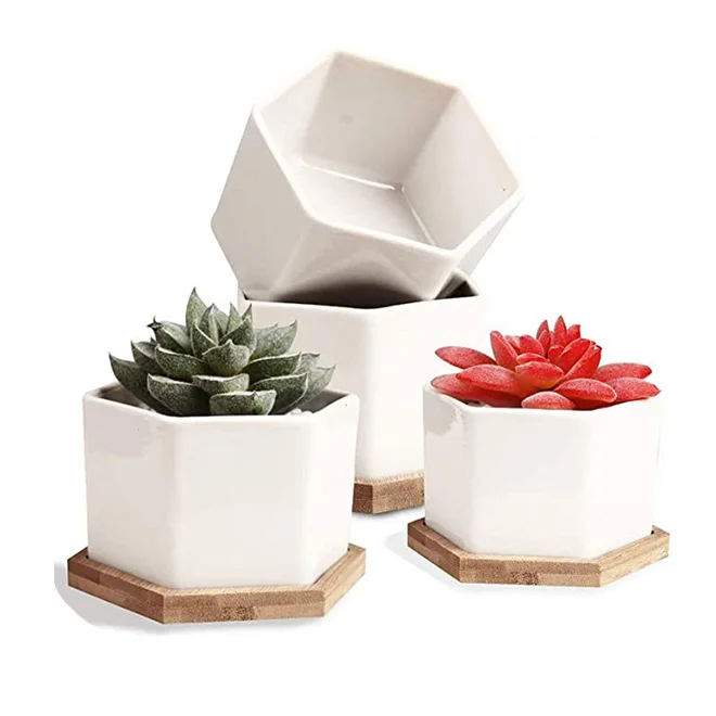 Dropship 2.8 InchesWhite Hexagonal Ceramic Succulent Plant Pots Succulent Planter Small Flower Pots With Bamboo Trays for Cactus