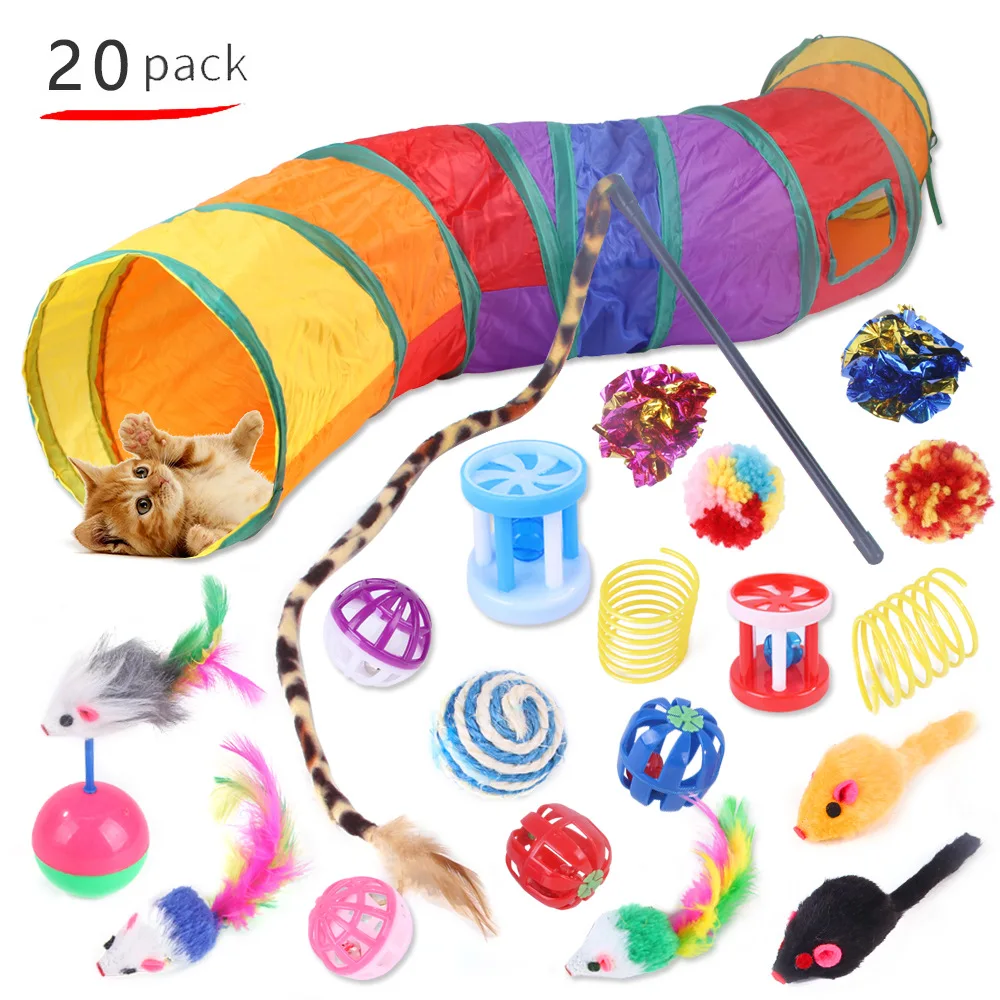 

2021 Hot sell Amazon 20pcs Funny Cat Toy Sets pack of Funny Feather Cat Toys Cat Tunnel Toy Set, Colorful