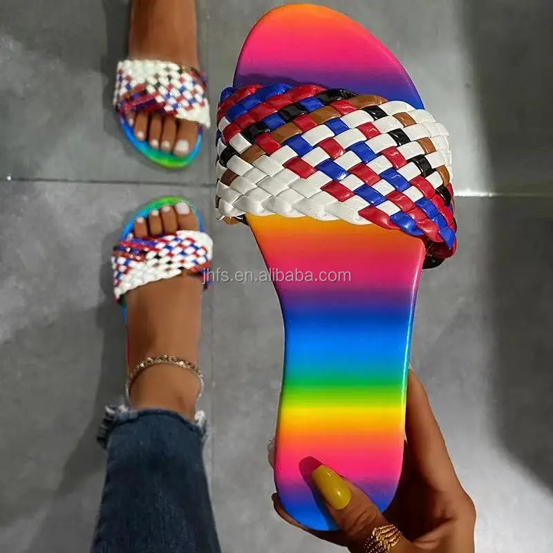 

J&H fashion colorful crochet slippers slides summer causal womens leather flats, 4 colors as picture