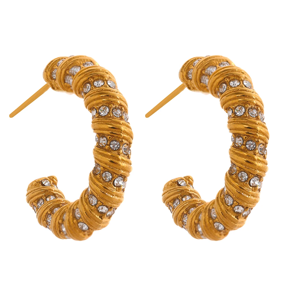 

JINYOU 051 Twisted Croissant Stainless Steel C Shape Hoop Earrings Cubic Zirconia 18k Gold Stylish Trendy Charm Jewelry Women