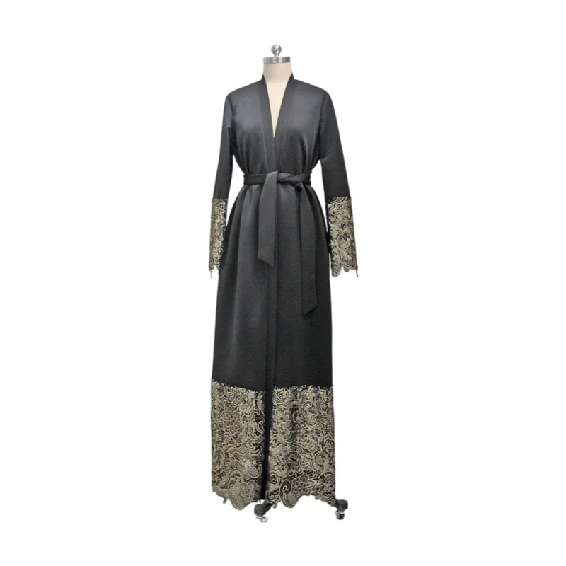 

GH EID New Embroidered Black Simple Arab Dubai Open Abayah Muslim Robe For Women