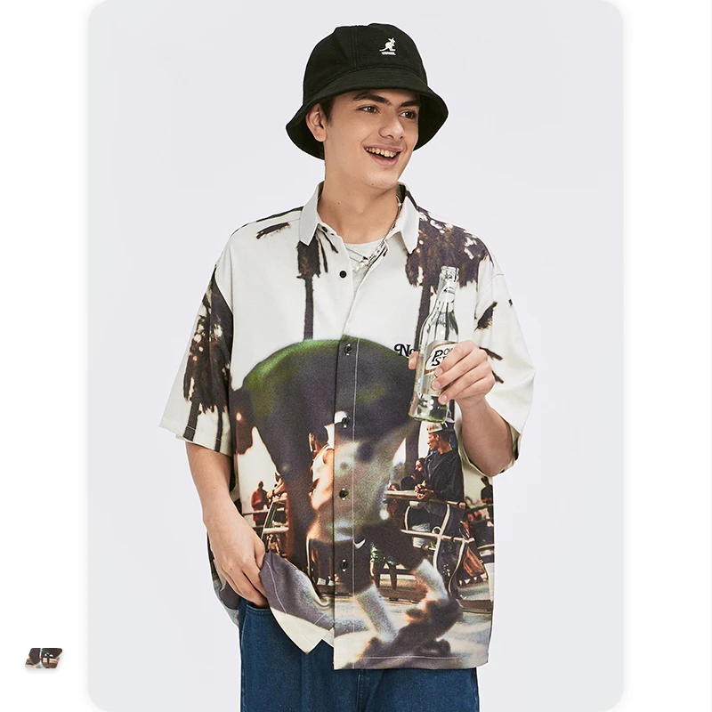 

INFLATION Men Oversized Fashions Short Sleeve Shirt Letter Printing Loose Fit Men Hawaiian Shirt, As picture shown