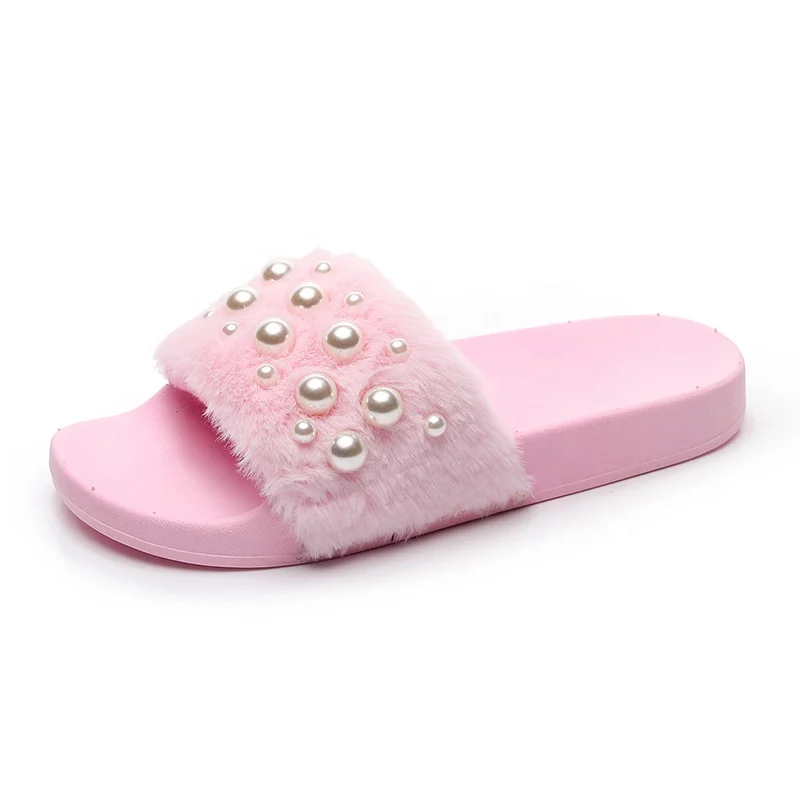 

Women Faux Fur Pearl Slide Slip On Flat Sandal Shoe Super Warm Slipper Women Furry Warm Sandals Slippers, Customer's request