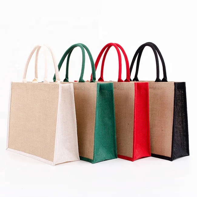 

Colorful Eco Burlap Grocery Jute Bags Foldable Reusable Tote Shopping Bags with Custom Logo, Black, white, green, red