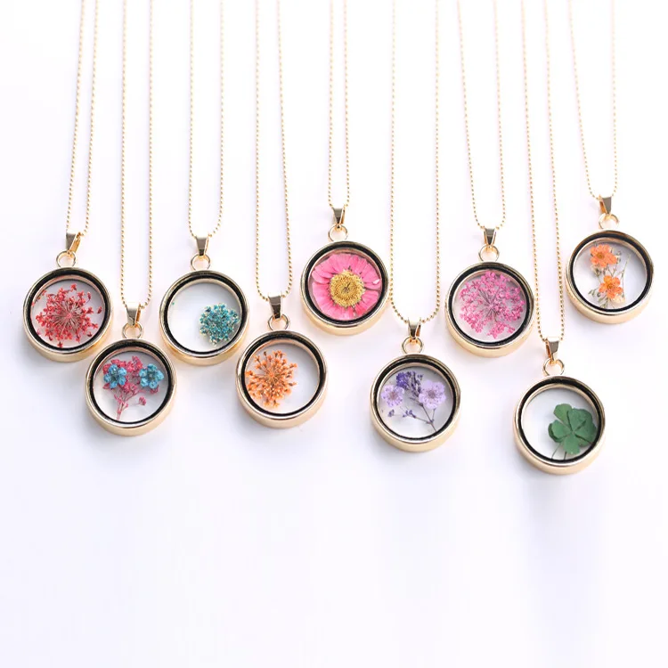 

Korean round pendant different flowers girls cute promotion free gift colorful DIY dry flower necklace jewelry