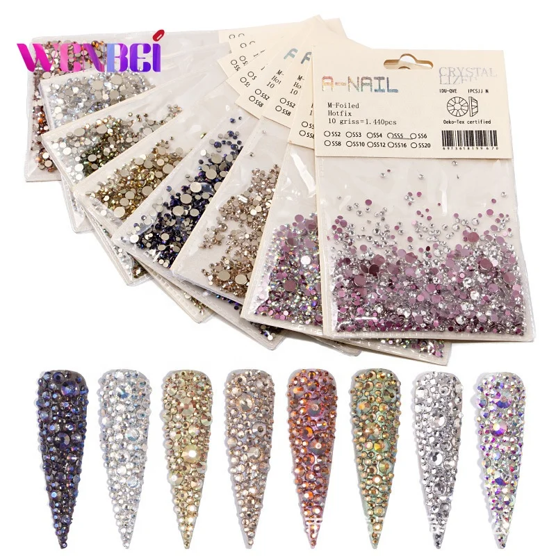 

1440Pcs/Bag SS3 - SS20 Shiny Mixed Sizes Flat Back AB Glass Multicolor Crystal Nail Rhinestones For Nails Art 3D Decorations, 8 colors