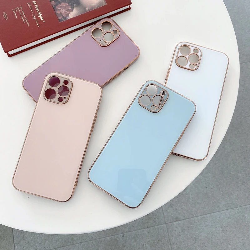 

Luxury Electroplating Glass Case Candy Color Lens Protection Phone Case for iPhone X Xr 11 12 13 Pro Tempered Glass Casing, 6 colors