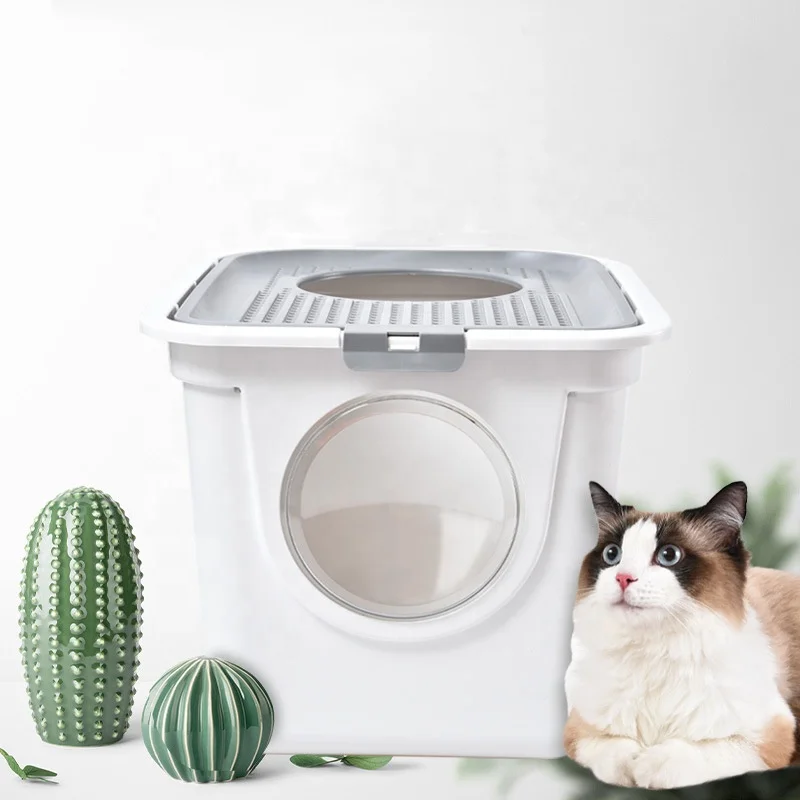 

2020 New Type Cat Litter Box Fully Enclosed Splash-Proof Cat Sandbox Double Door Top-in Cat Toilet, Grey, blue, pink