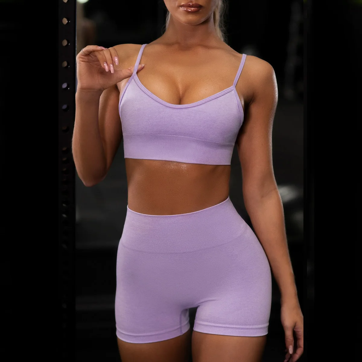 

Seamless Women Yoga Workout Shirts Sport Pants Bra Gym Clothing Short Crop Top High Waist Running Leggings Sports Set 2005