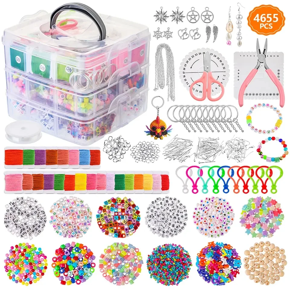 

Hot Sale DIY 3 Layers Jewelry Making Kit with Tools Findings Alphabet Beads for Early Childhood Education