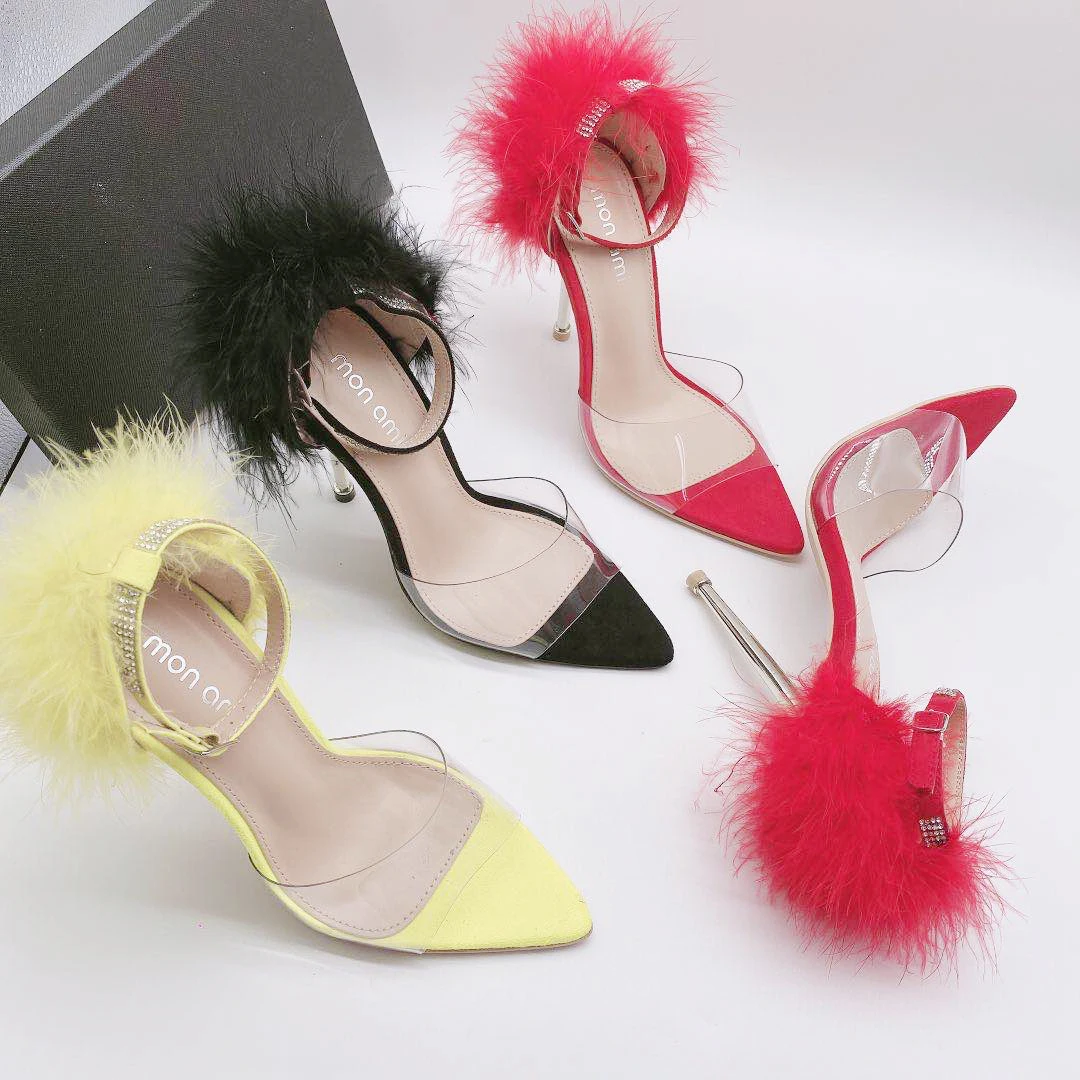 

2021 New Design Fur Sandals for Women Pumps Girls Nightclub Bar Ballerina Fur High Heels 11.5cm Sexy Hot Sale High Heeled Shoes