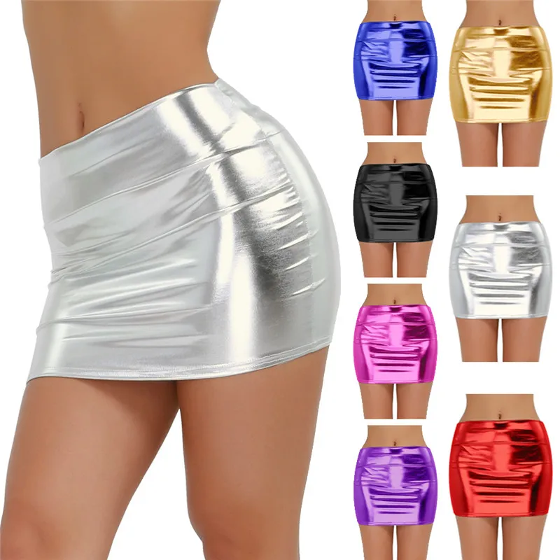 

iEFiEL Sexy Women Bodycon Mini Skirt Shiny Patent Leather High Waist Pencil Short Skirt Night Clubwear Party