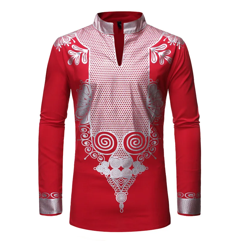 

Hot Africa Clothing Mens Print Stamping Stand Up Collar African Dashiki Style Long Sleeve Men's Shirt, Picture colors