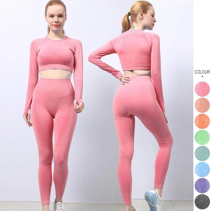 

Women Seamless Yoga Set Sports Bra Crop Top Long Sleeve Leggings 2pcs Set Workout Clothes
