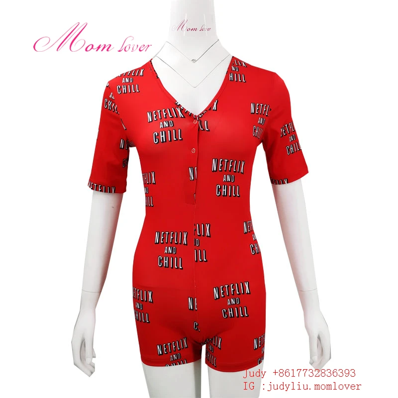 

2020 Summer Custom women sexy onesie Netflix and chill short sleeve onsie adult onesie for women
