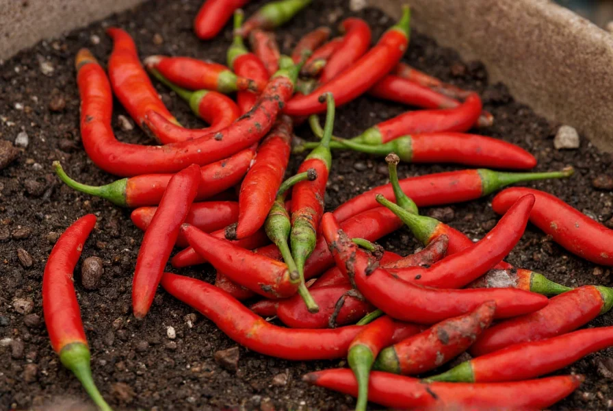 Close-up of Calabrian pepper seeds on soil with germination tools