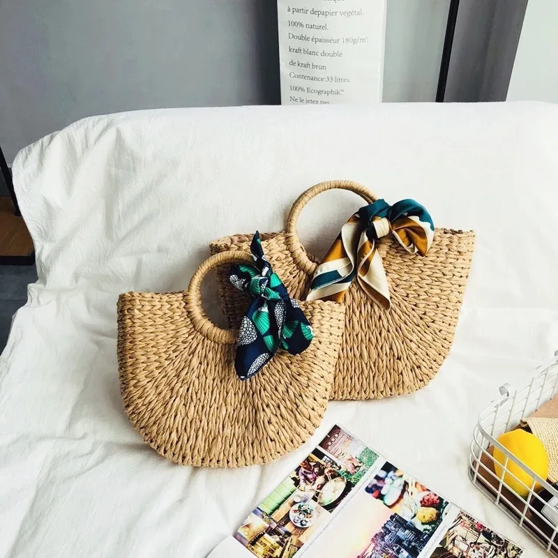 

trendy fashion handbags natural women hand bags grass and straw beach bag with round handle, Pure color