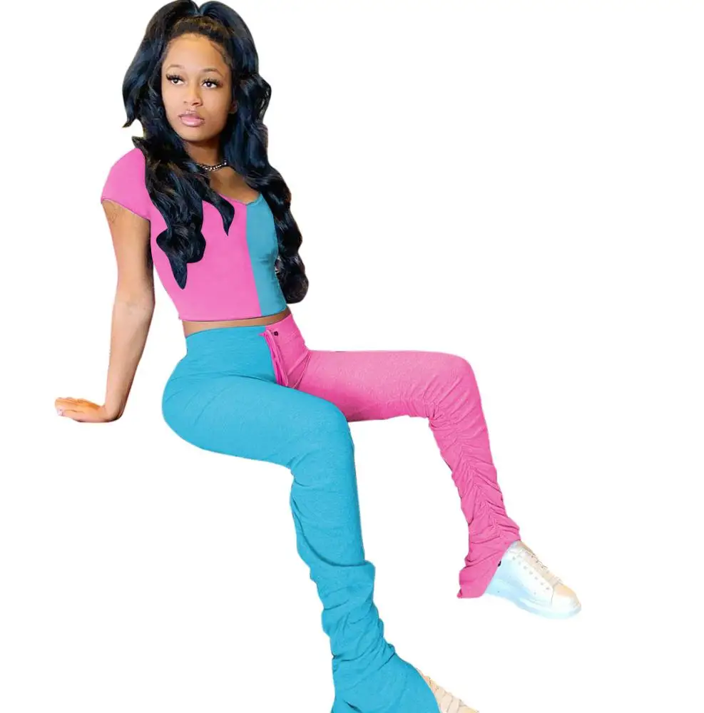 

2020 Drawstring Print Letter Patchwork Color fitness Pants Women's F