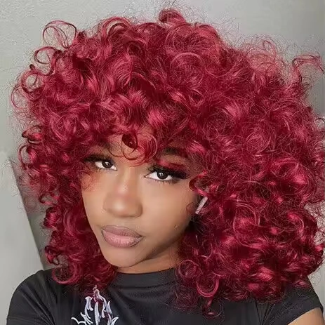 Wholesale 99j Burgundy Red Curly Wigs for Black Women Short Loose Deep Wave Curly 150% Density No Lace Wigs for Black Women