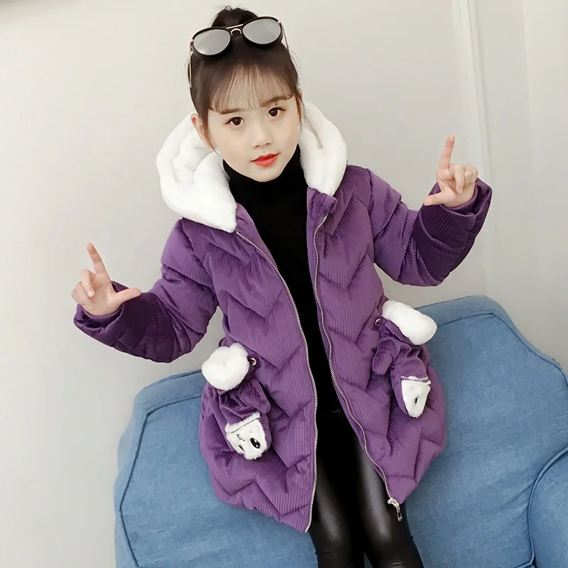 

B60854A Korean cotton winter clothing new girl baby gloves cute rabbit hat corduroy padded coat, Purple/red/pink
