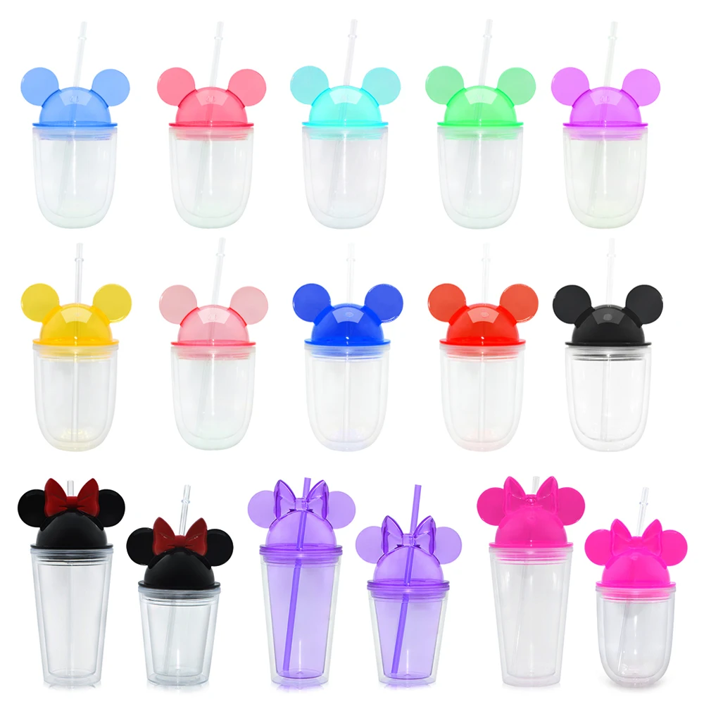 

16oz double walled acrylic minnie reusable clear plastic dome mickey ears lid tumbler with straw