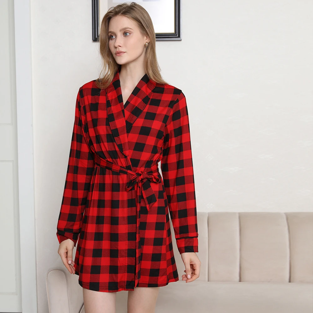 

Summer red plaid print luxury waffle bridal dressing gowns longsleeve sleepwear short night robe women ladies sleeping wear