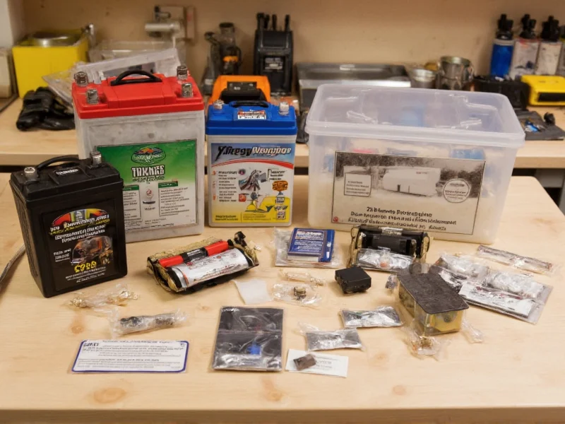 DIY camper battery kit components laid out on workbench