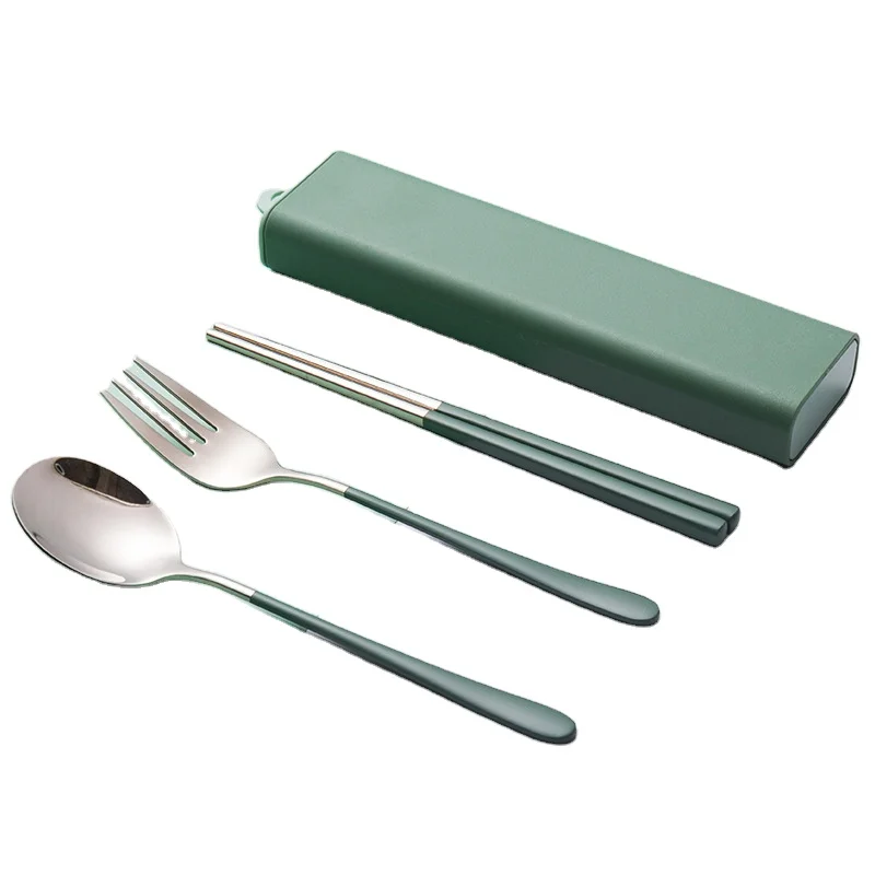 

Painted Handle Stainless Steel Cutlery Set Korean Spoon Chopstick Fork With Portable Box